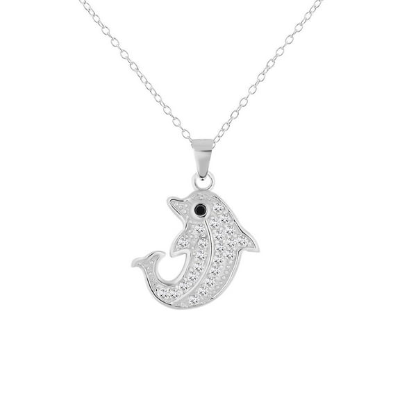 925 Sterling Silver White Clear Black CZ Dolphin Pendant Necklace, 18"