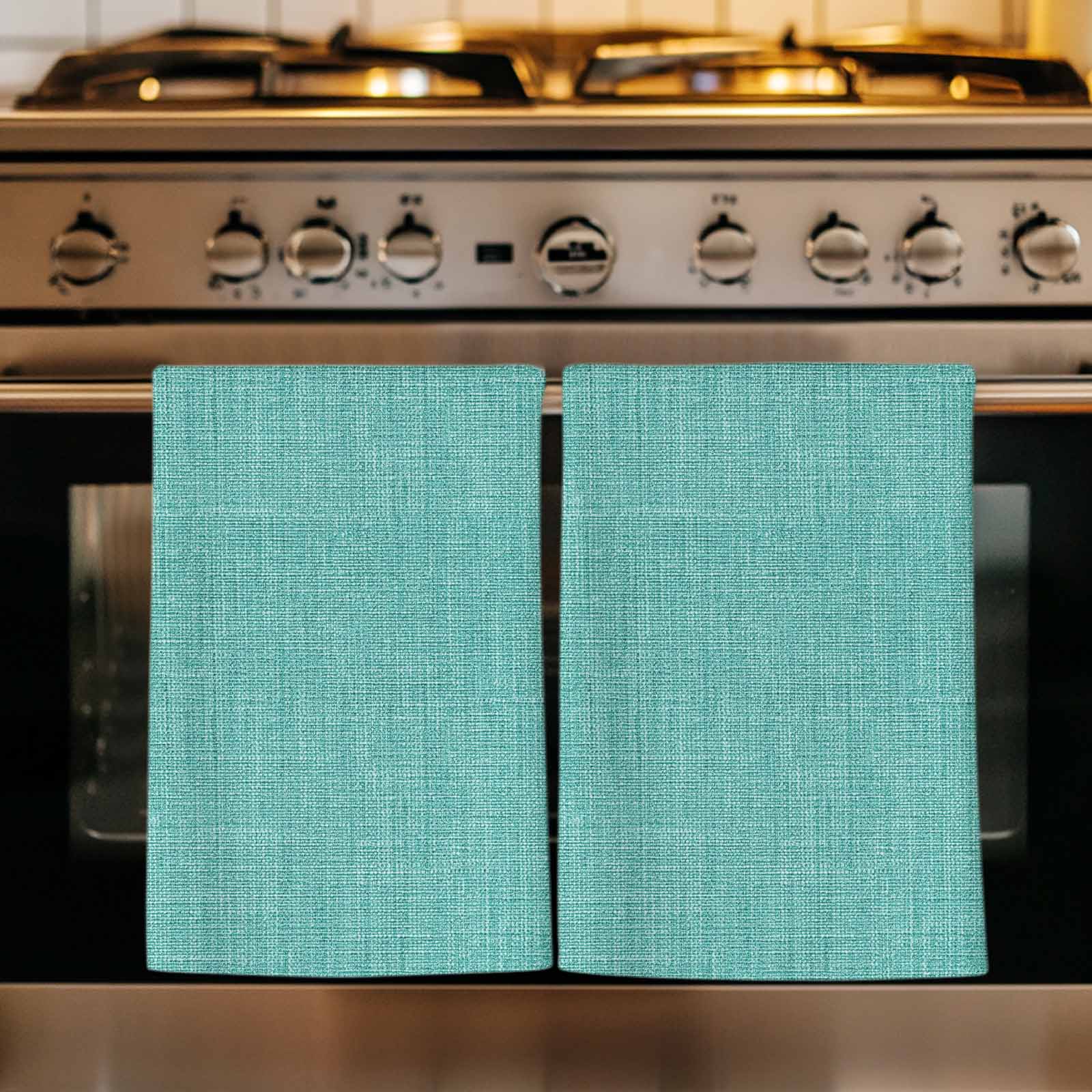 Teal Kitchen Towels Set of 2, Farmhouse Burlap Solid Green Color Modern Linen Texture Soft Microfiber Dish Towels, Absorbent Washable Dishcloths for Kitchen Cleaning, Drying Dishes, 18x28 Inches