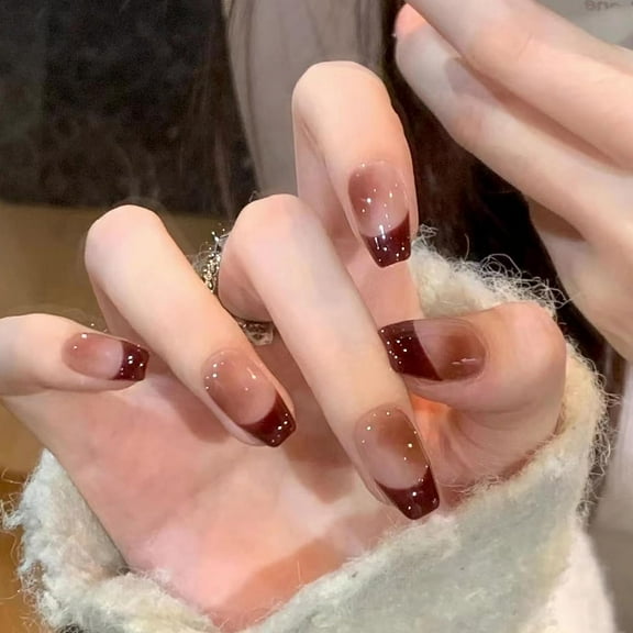 Coffin Press on Nails Medium Fake Nails Glossy Glue on Nails Wine Red French Tip Acrylic Nails Ballerina Artificial Nails Burgundy Ombre Stick on False Nails with Design 24 pcs 03610Red 0.04 Fl Oz