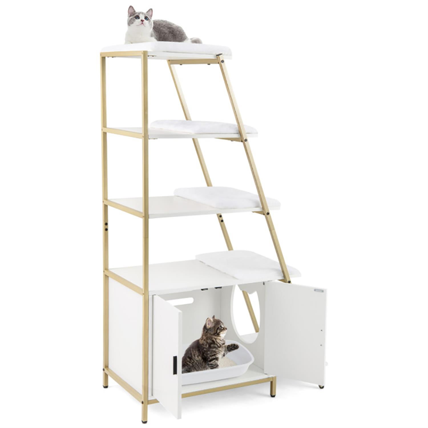 Kadyn Large Cat Litter Box Enclosure with Storage and Ladder Shelf, Hidden Litter Box for Cats, Cat House Furniture for Side Table or Nightstand, White