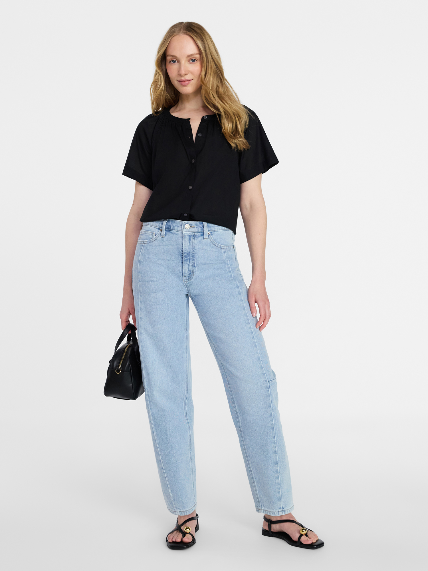 Time and Tru Women's Cotton Button Up Blouse with Short Sleeves, Sizes XS-XXXL