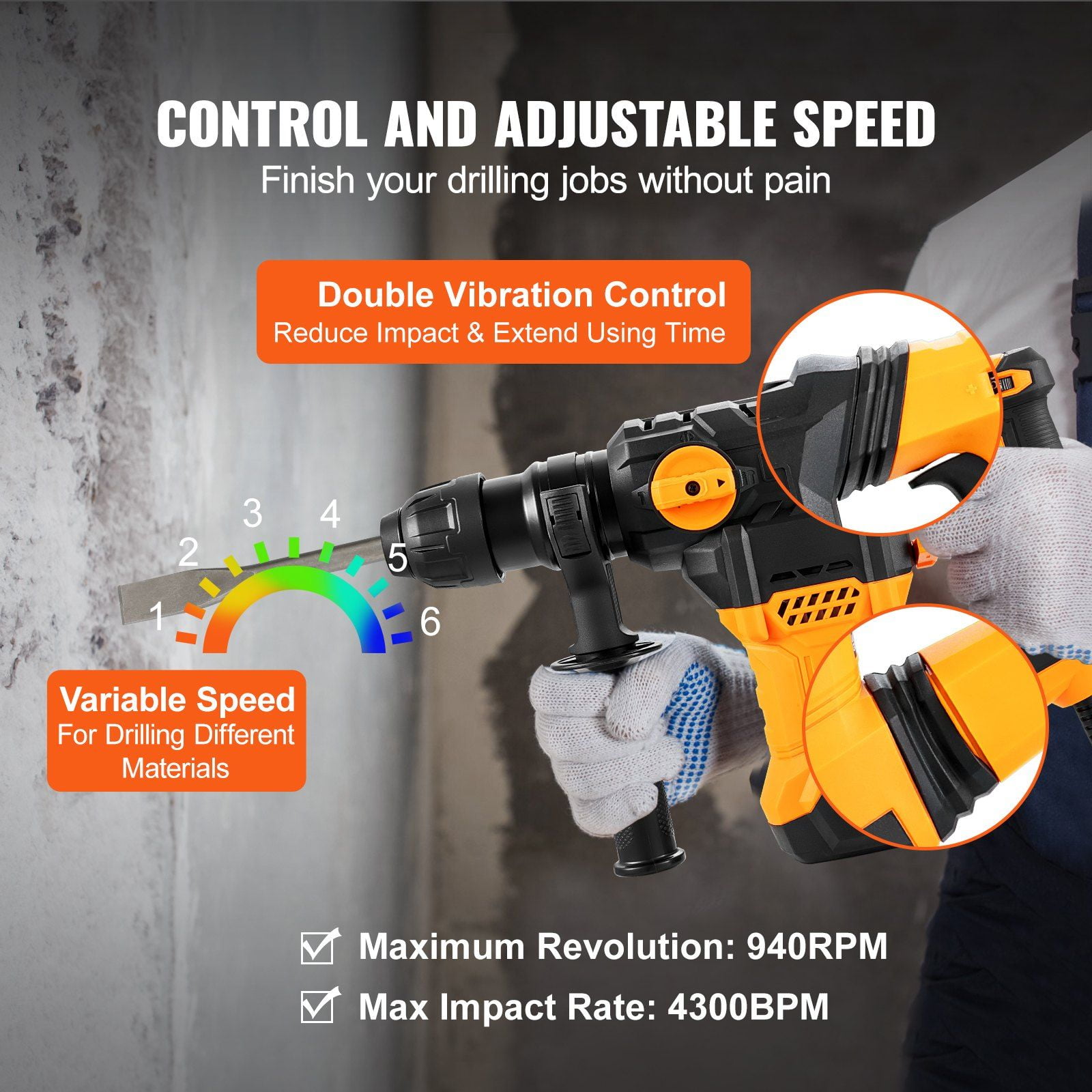 HCY Rotary Hammer Drill Corded Drills 1-1/4" 4 Modes SDS-Plus Chipping Hammers