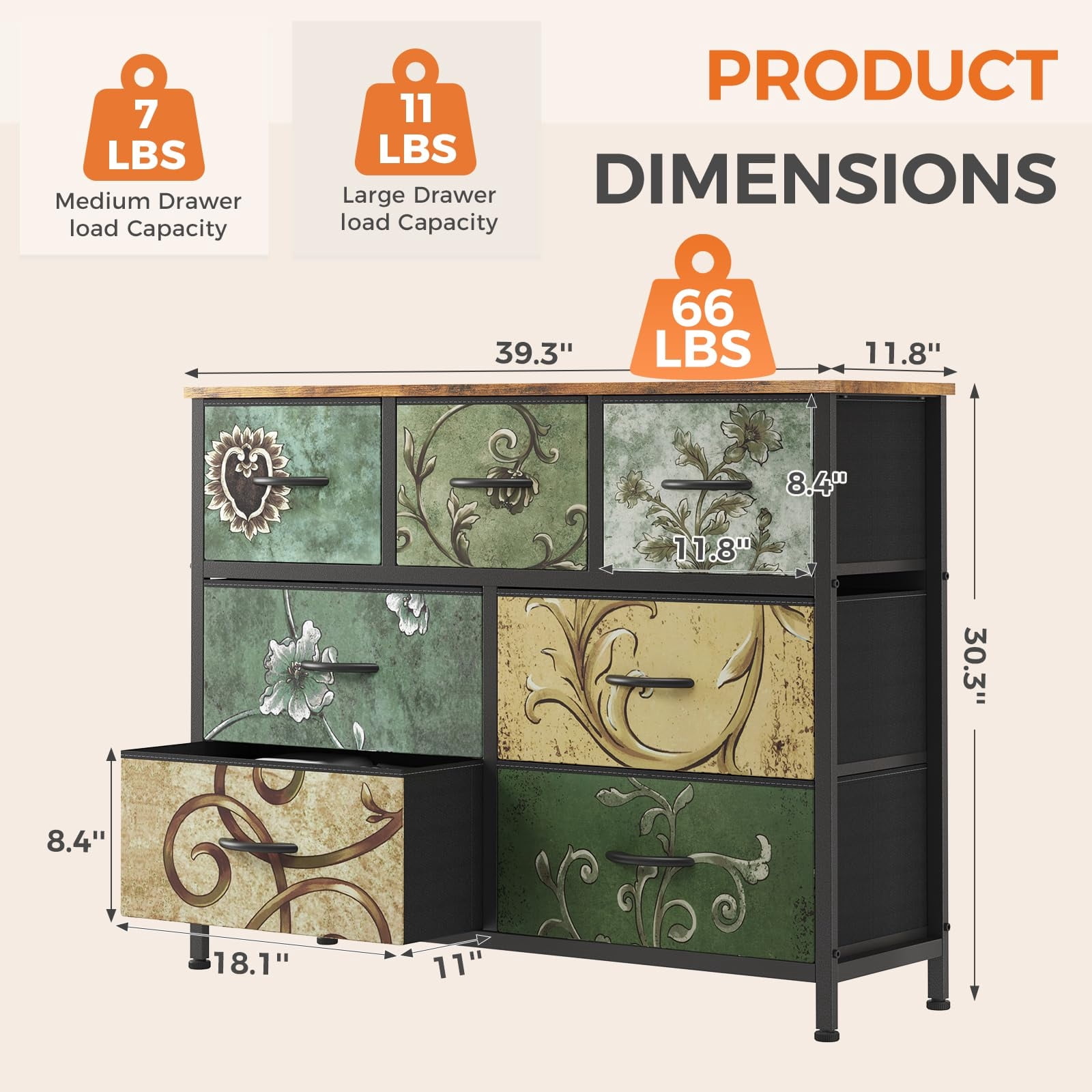 Telyra 7-Drawer Fabric Dresser TV Stand Organizer with Wood Top and Metal Frame Wide Storage Chest, Floral Painted