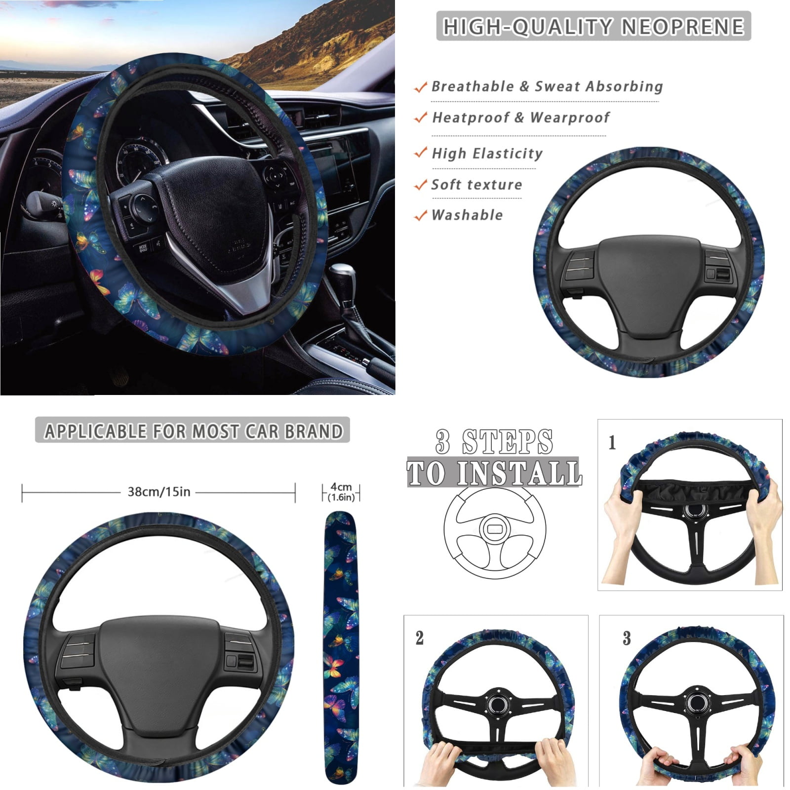 Renewold Butterfly Car Seat Cover Set 14 Pack with Steering Wheel Seat Belt Strap Gear Shift Knob Cover Set Garbage Bin Armrest Pad Rearview Mirror Coasters Universal Fit SUV Sedans, Dark Blue