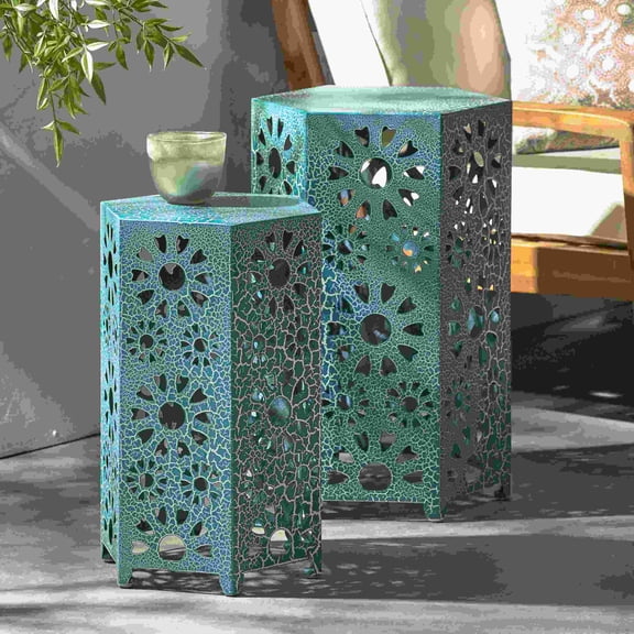 Teal Iron Outdoor Side Table Set Crackle Finish Patio Accent Tables No Assembly