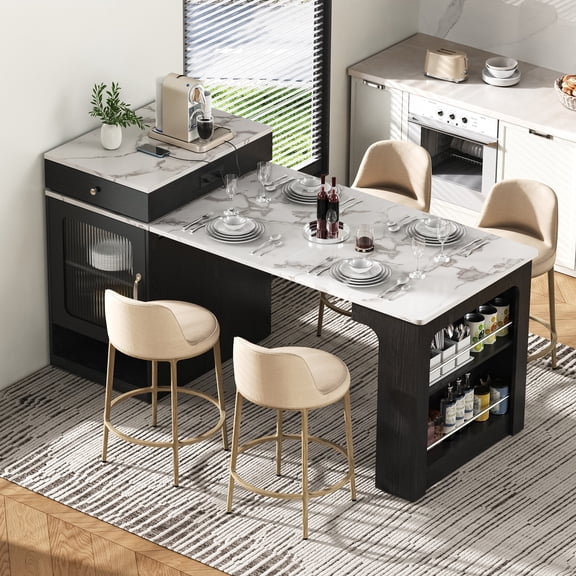 Euroco 59.5" Kitchen Island with Extendable Dining Table, Kitchen Storage Table with Double-sided Storage, Kitchen Island with 2 Drawers, Power Outlet, Side Open Shelves