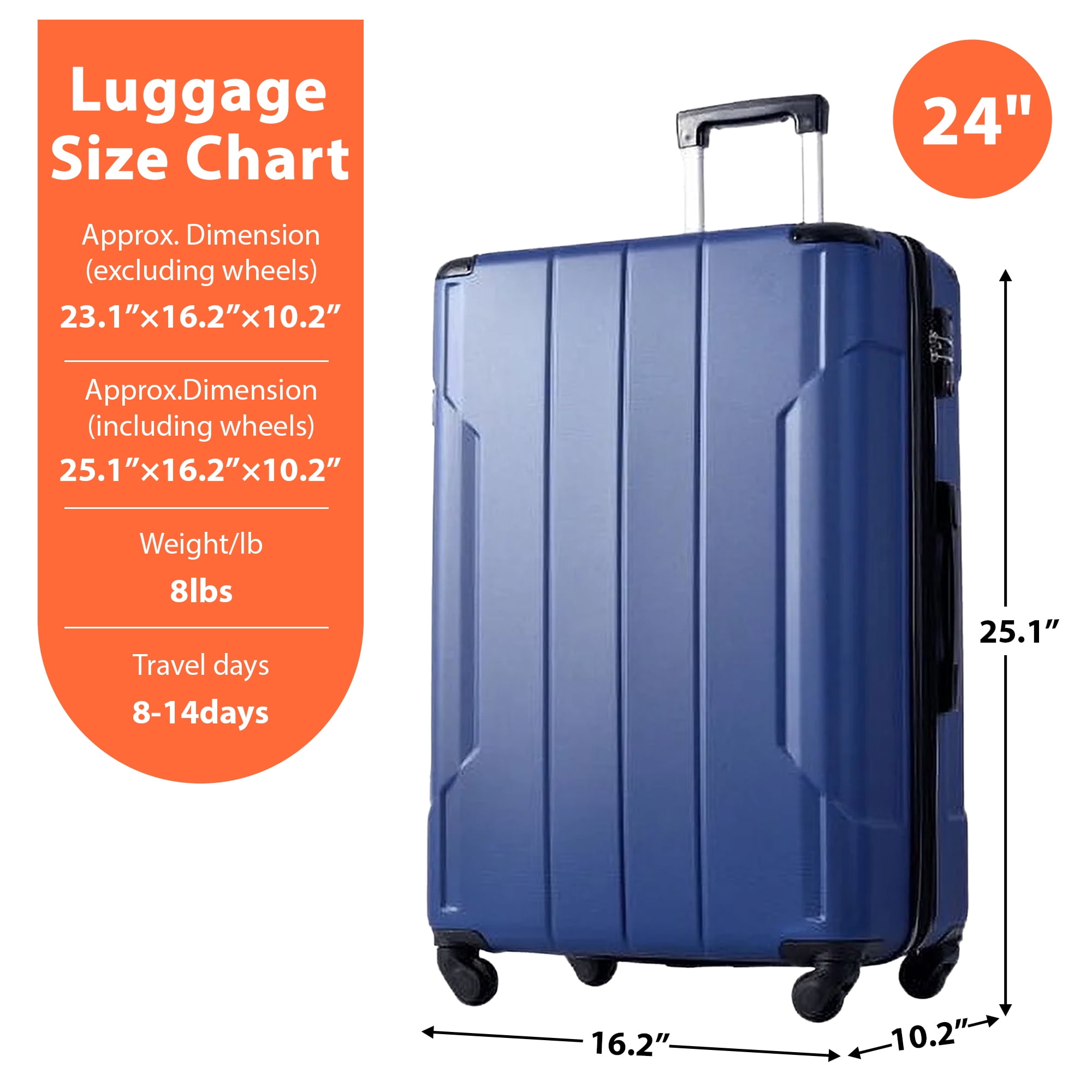 Carry on Luggage 24 inch, ABS+PC Lightweight 65L Capacity Hardshell Suitcase with TSA Lock & Wheels for Travel Trip