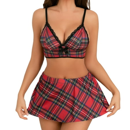 Tosmy Women Lingerie Ladies Underwear Checkered Metal Button Bra Clothing See Through Sexy Skirt Underwear Nightwear