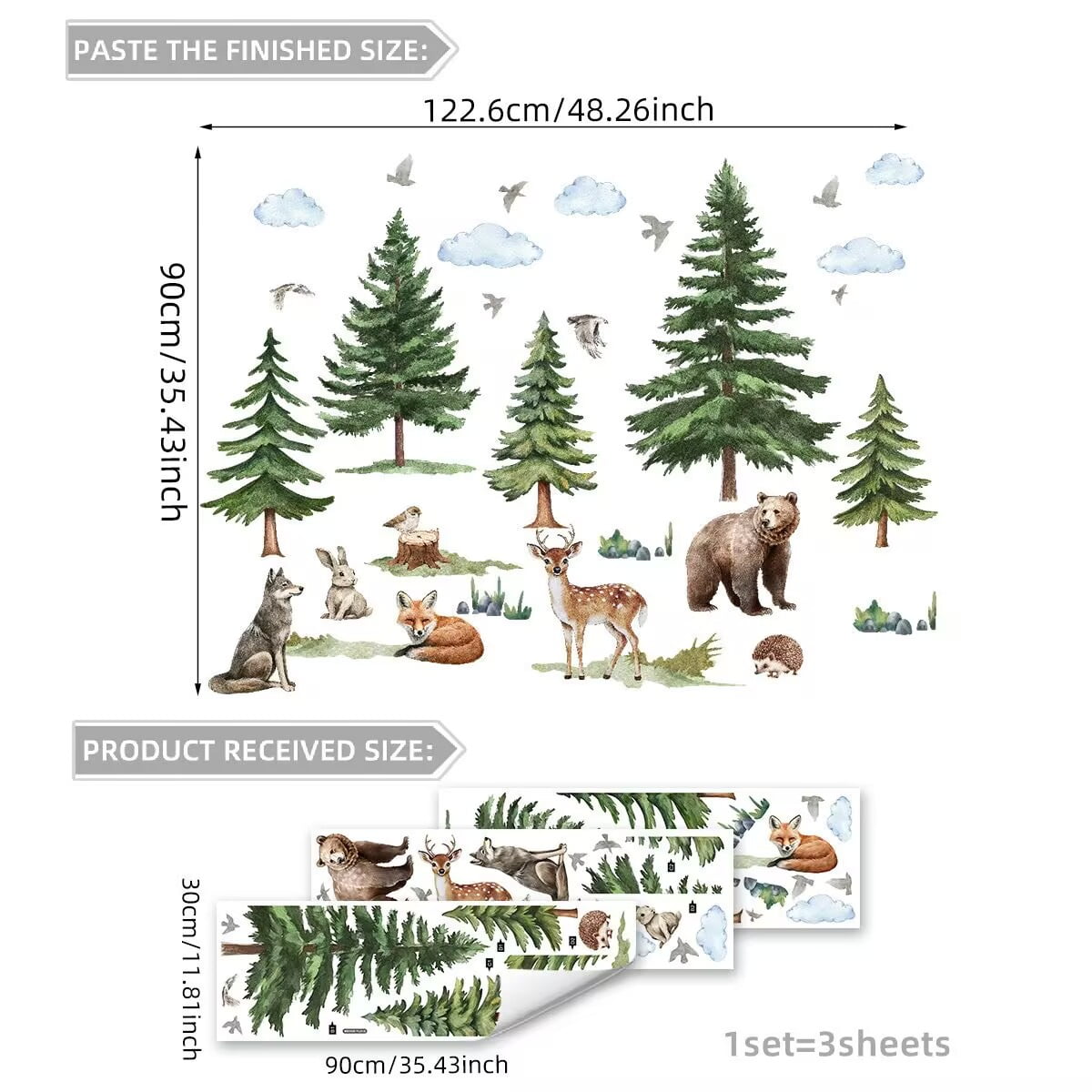 Mountain Tree owl Wall Decals Large Pine Tree Forest Animal Fox Wall Stickers Deer Wolf Wall Stickers DIY Removable Peel and Stick Wall Art Decals for Kids Room Classroom Nursery Bedroom Playroom Hom