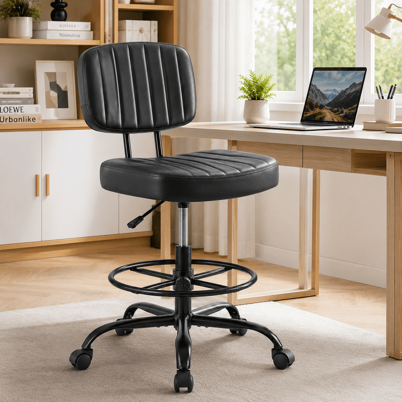 Simple Deluxe Armless Drafting Chair with Footrest, PU Leather, Black
