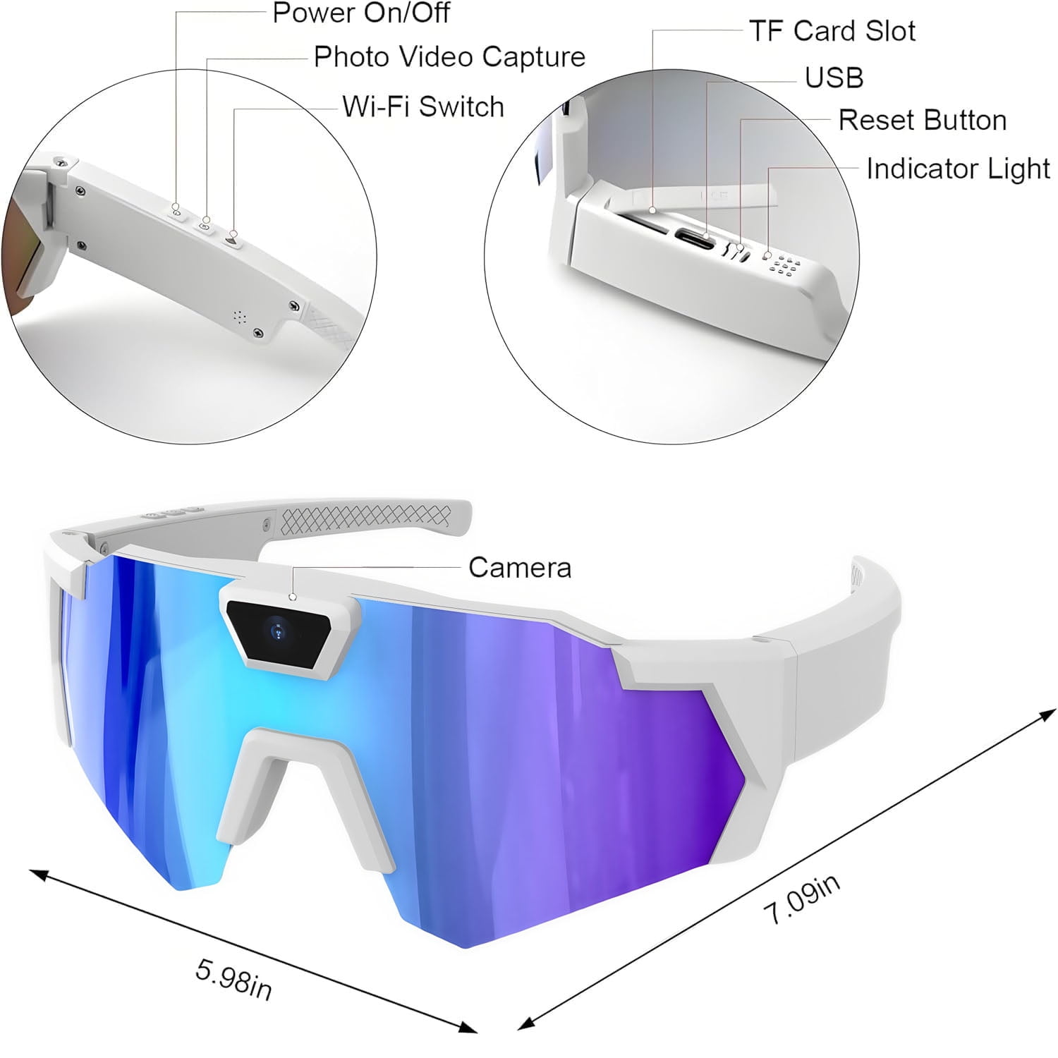 Wiher Smart Camera Glasses, 4k POV Sports Glasses HD Recording Video, Cycling Action Sunglasses, Wearable Audio Take a Picture Wireless Photography Shooting VCR，Suitable for Men and Women(Blue)