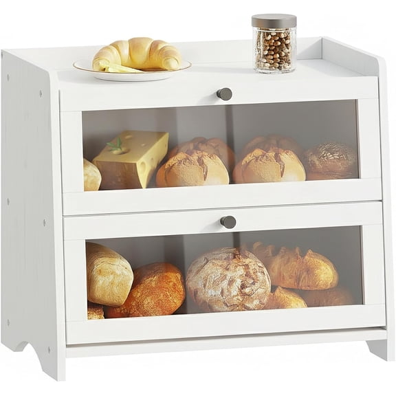 Bread Box for Kitchen Countertop, Extra Large Bamboo Bread Storage Container for Homemade Bread, Double Layer Sourdough Breadox, Bread Bin Organizer for Counter Cabinet Pantry, White