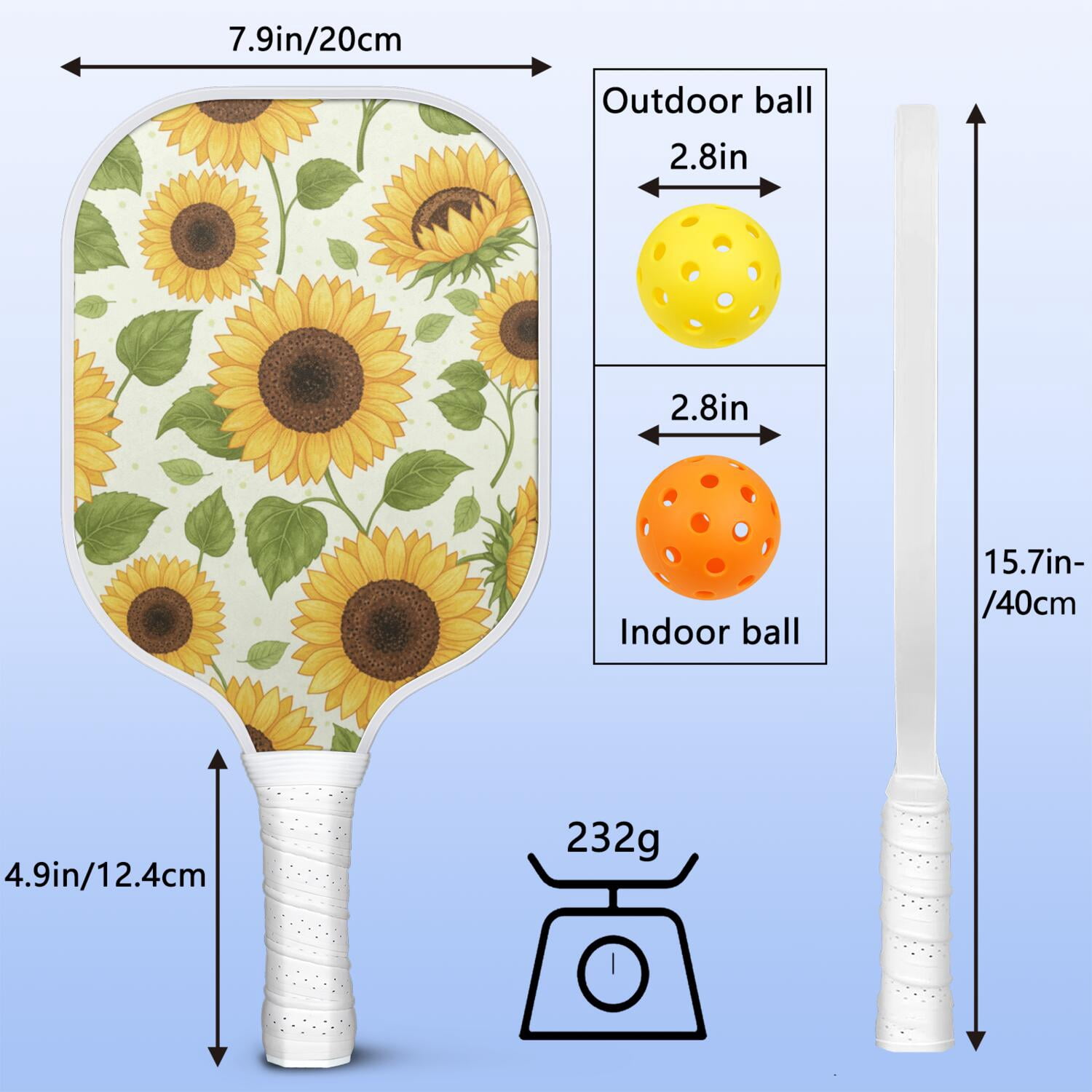Pickleball Paddles Set Of 1, Fiberglass Surface,Sunflower Print, 1 Paddle, 2 Balls & Bag