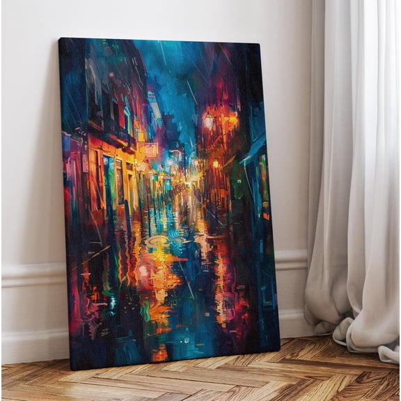 Rainy City Night Wall Art, Colorful Impressionist Streetscape, Unframed Paper Print Size 8x12