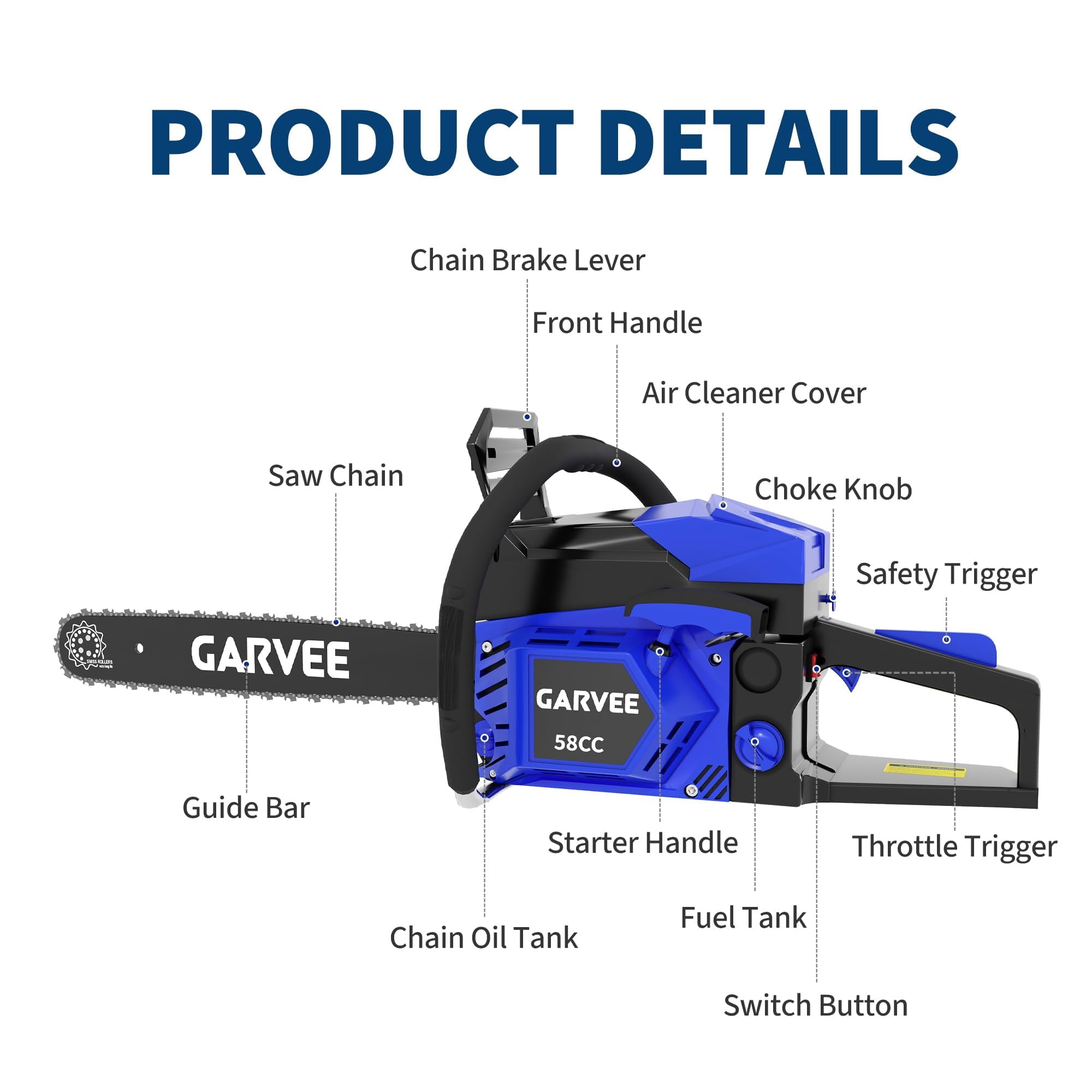58cc Gas Chainsaw, 2-Stroke Engine, 2.5 kW Power, Quick Start, Chain Brake, Anti-Vibration, Non-Slip Handle, 3.4 HP, Blue