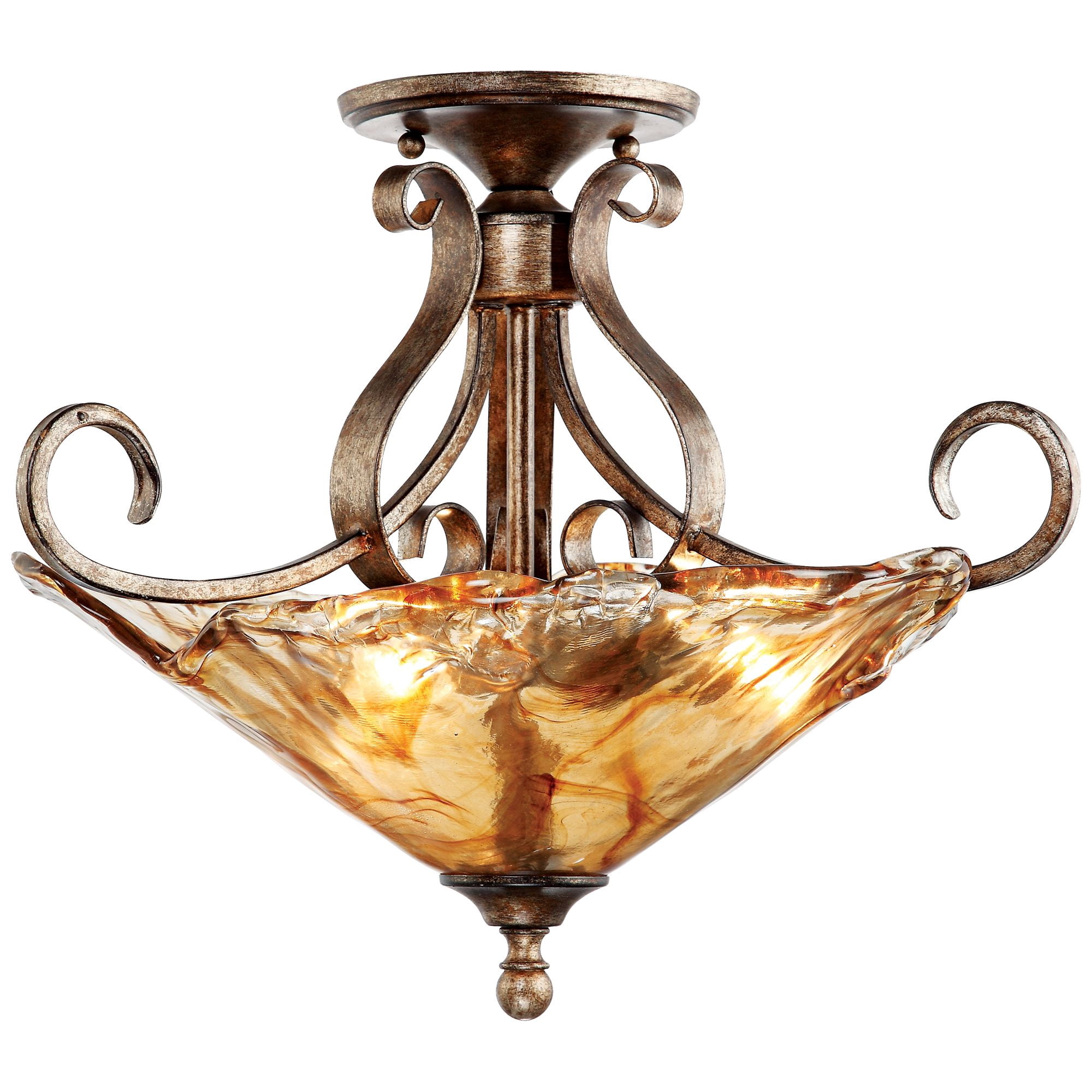 Franklin Iron Works Amber Scroll Modern Ceiling Light Semi Flush Mount Fixture 20 1/4" Wide Golden Bronze Art Glass for Bedroom Kitchen Living Room