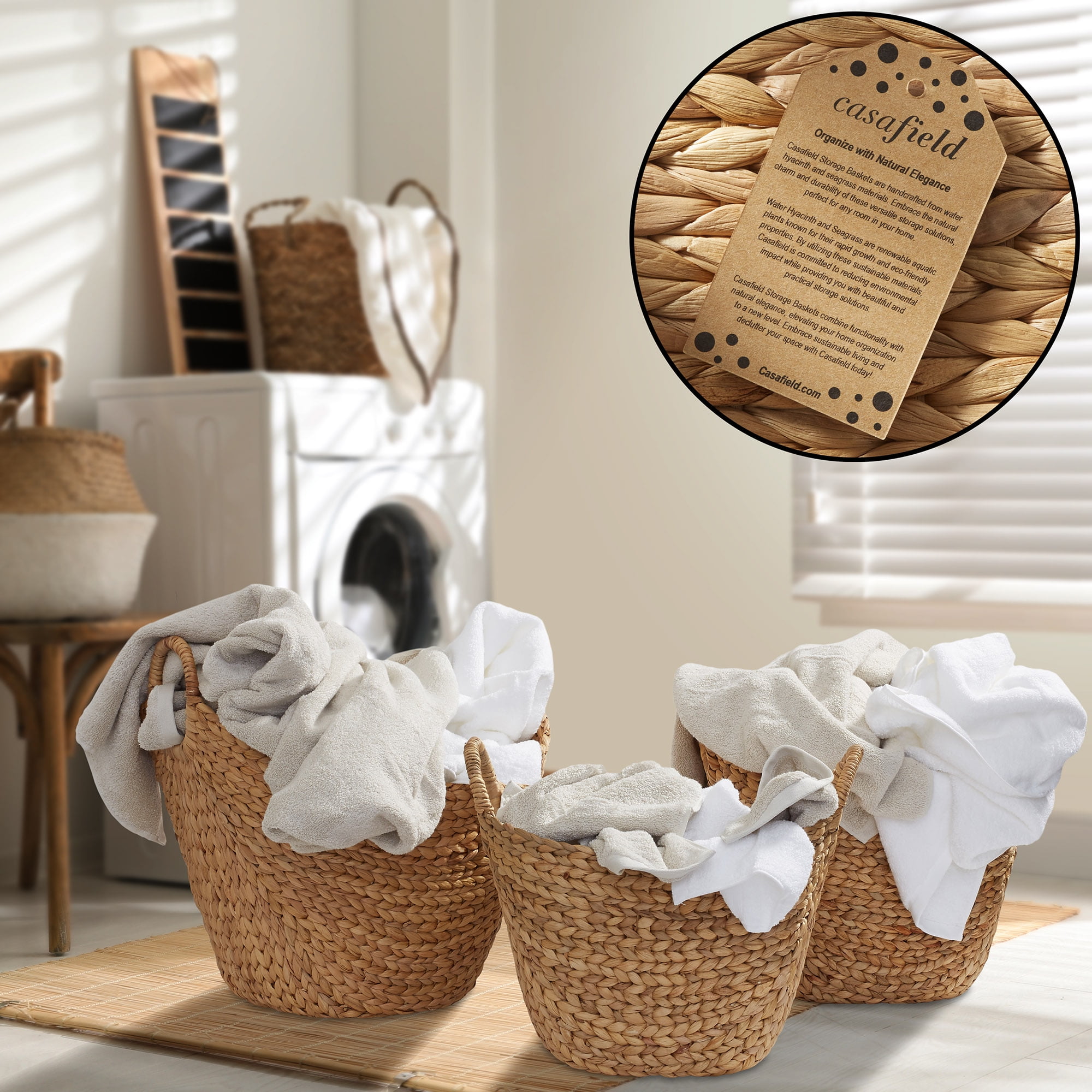 Casafield Set of 3 Boat Baskets with Handles - Natural, Woven Water Hyacinth Storage Organizers for Blankets, Laundry, Bathroom, Bedroom, Living Room