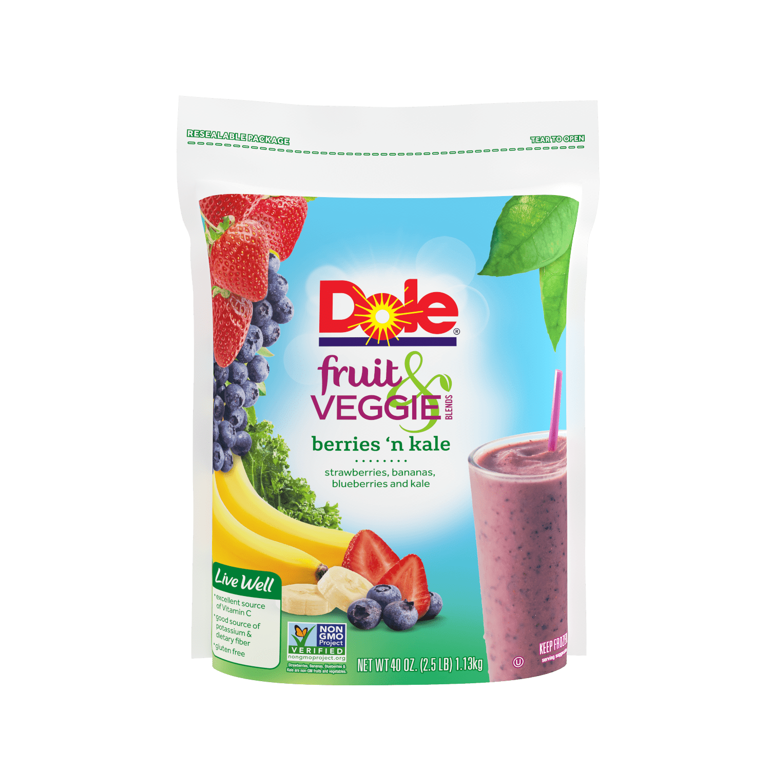 Dole Fruit & Veggie Smoothie Blends, Berries n' Kale, 40 oz. Frozen