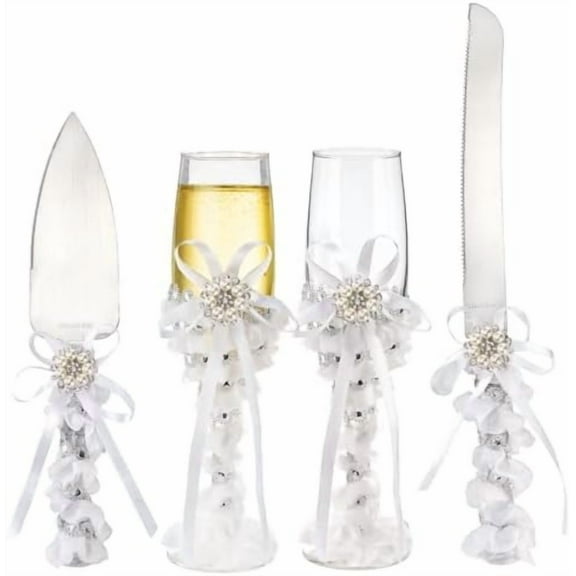Set of 4 Wedding Cake Knife and Server Set with Champagne Flutes, Pearl Flower Lace Champagne Toasting Glasses Pie Server Cutting Knife for Wedding Party Birthday Anniversary Engagement