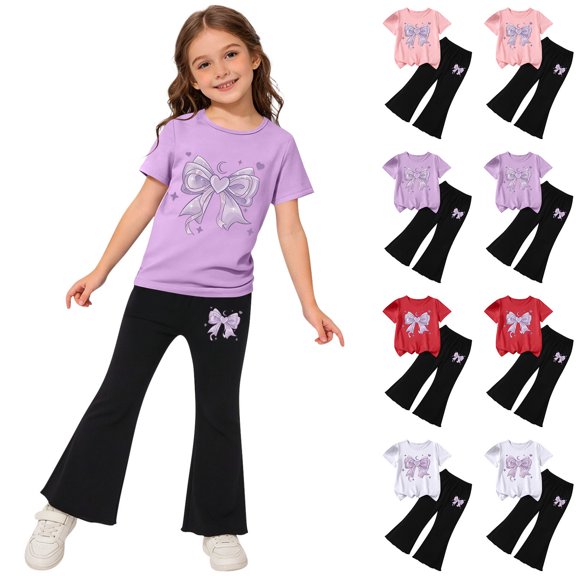 Bixock Toddler Girls 2 Piece Summer Set,Girls Clothing Set,Graphic Bow Print Crew Neck Short Sleeve Top and Elastic Waist Long Pants Casual 2 Piece Summer Outfits Kids Clothings 2-7 Years