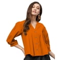 thumbnail image 1 of eloria Women's Top V Neck Full Sleeve Pleated Button Down Cotton T-Shirt, Color: Orange | Size: 2XL, 1 of 1
