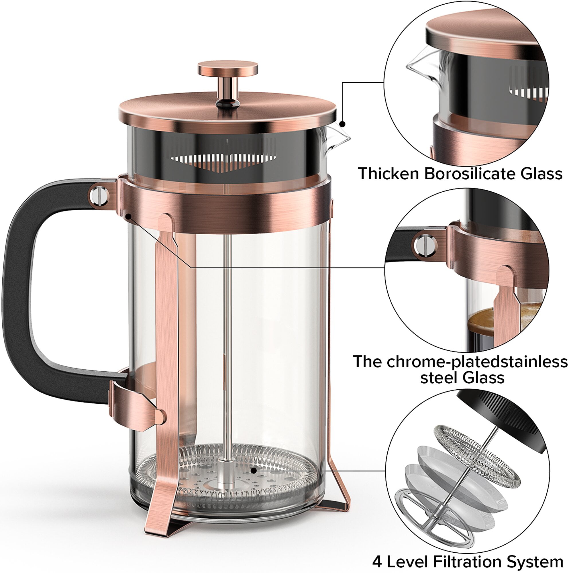 YMMIND French Press Coffee Maker 304 Stainless Steel Coffee Press,with 4 Filters System, Heat Resistant Thickness Borosilicate French Press Glass