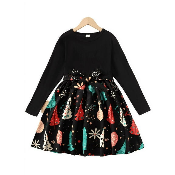 Mikrdoo 9 Years Big Girls Dress 8Y,9Y,10Y,11-12Y,13-14Y Kid Girls Christmas Tree Print Bow Belt Splice Fall Winter Dress One Piece Feast Dress Black
