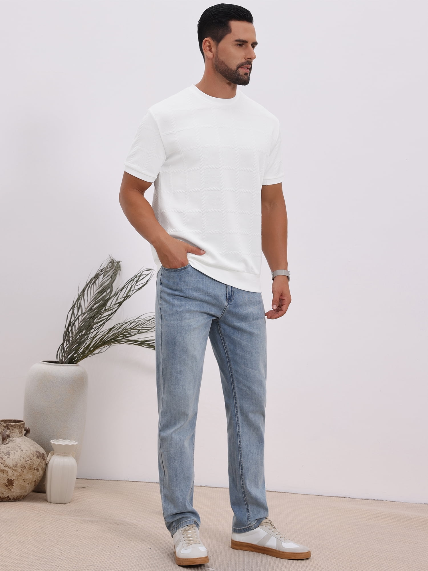 DARING DIVA Men's Jacquard Texture Crew Neck Short Sleeve Knitted T-Shirt S White
