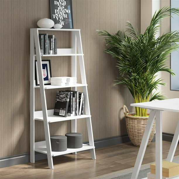 Ladder Bookshelf In White Com, White Wood 4 Shelf Ladder Bookcase With Open Back Doors