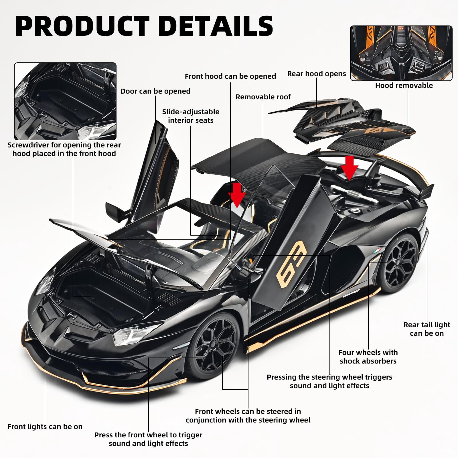 CHUNYAN 1/18 Diecast Cars Lambo SVJ 63 Model Car Kits,Lambo Collectibles Model with Light and Sound,Race Cars for Kids Ages 4-8(Black)