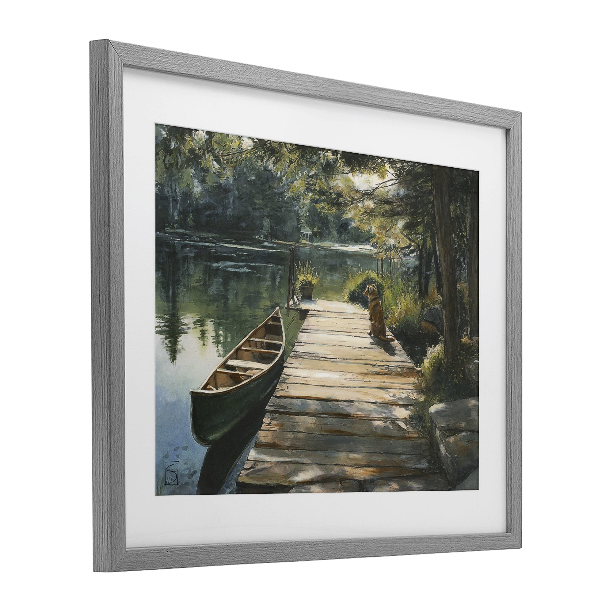 Lake Life Dog on Dock Gray Framed Print Under Glass, design by Sara Culpepper