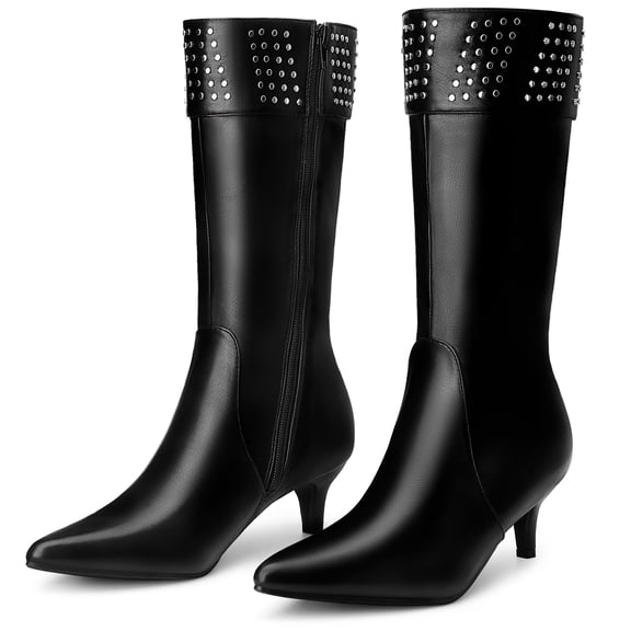 DARING DIVA Women's Stylish Pointed Toe Kitten Heel Knee High Boots Black 7