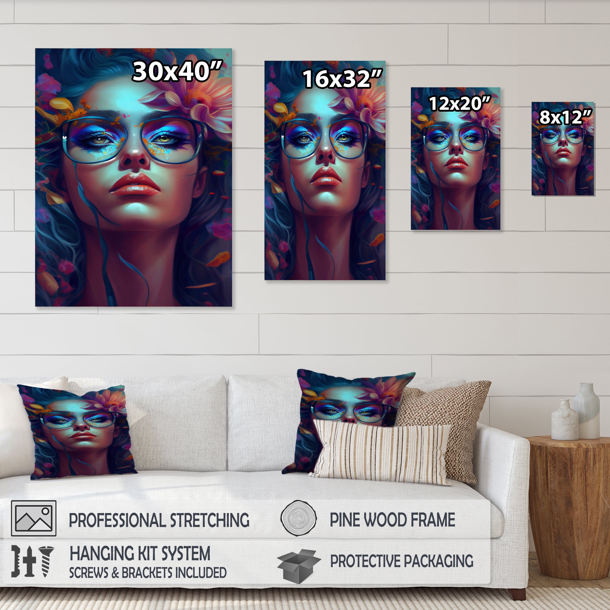 Designart Blue Attractive Woman With Flowers I Canvas Wall Art