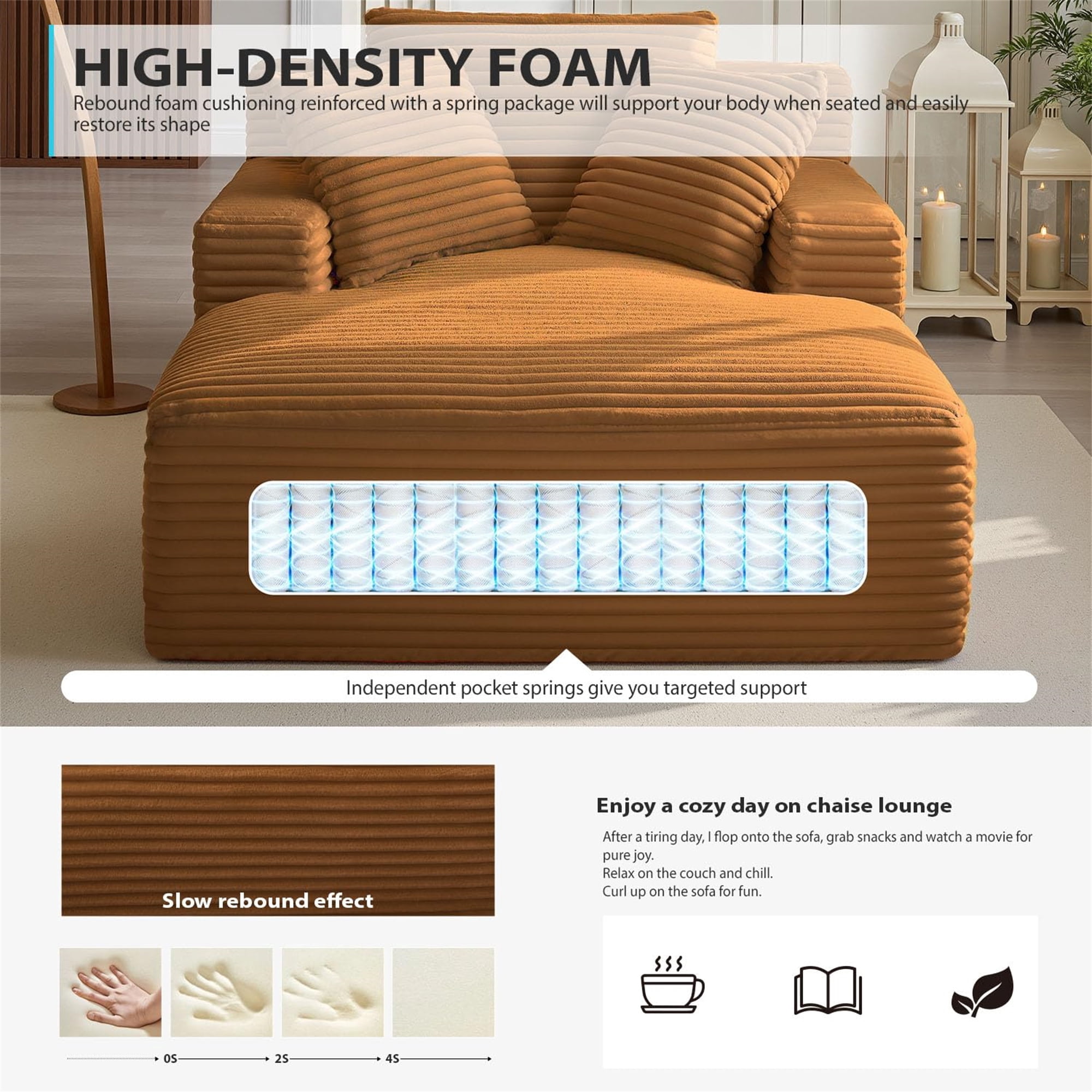 Aukfa 66" Oversized Chaise Lounge Indoor Chair Boneless Couch for Living Room Bedroom, 3Pillows, Orange