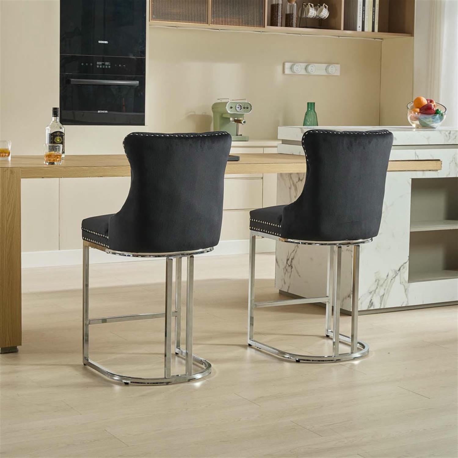 Demi Bonn 38" Counter Height Bar Stools Set of 2, Velvet Barstools with Button Back, Kitchen Island Countertop Chairs for Dining Room, Black