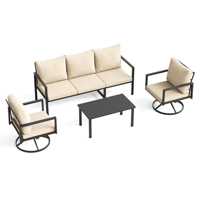 MRUAKA 4-Piece Outdoor Patio Conversation Set, Metal Frame Furniture Sofa with Armchairs & Coffee Table, Weather-Resistant Cushions for Balcony, Deck, Poolside Beige