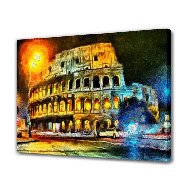 Póster de lienzo con efecto de pintura del Coliseo de Roma por la noche, decoración de dormitorio, paisaje deportivo, decoración de oficina, regalo, estilo marco, 16 x 24 pulgadas (40 x 60 cm)