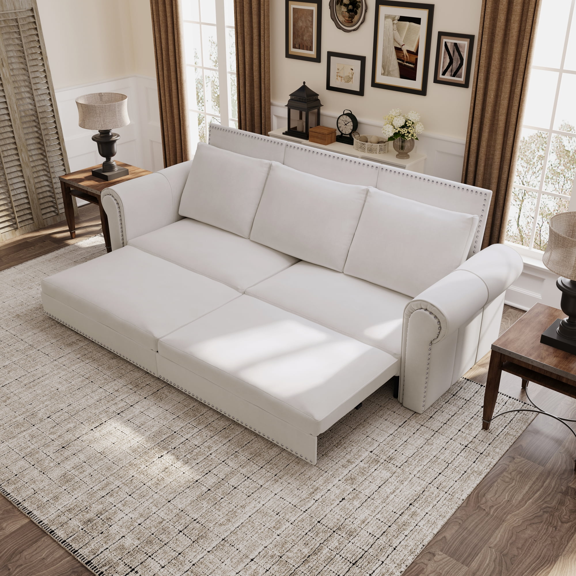 LLappuil King Size Pull Out Sofa Bed, Oversized Loveseat Sofa Convertible Sleeper Sofa Bed, Velvet Sofa Couch for Living Room Apartment Beige