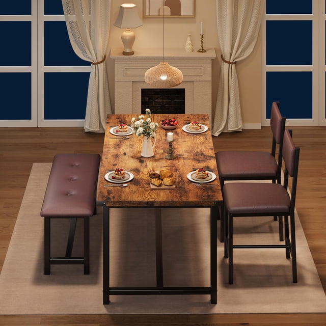 Kojooin Dining Table Set for 4, 4-Piece Kitchen Table and Chairs with Upholstered Bench for Apartment Dining