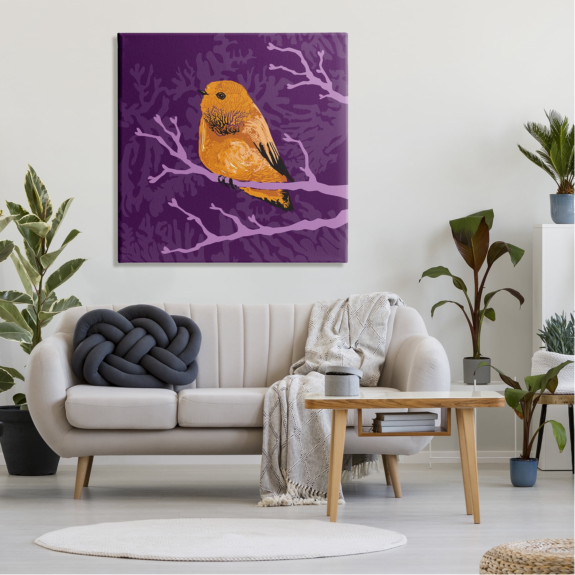 Stupell Industries Bold Orange Bird Sitting Purple Branches Layered Botanicals Graphic Art Gallery Wrapped Canvas Print Wall Art, Design by Verbrugge Watercolor