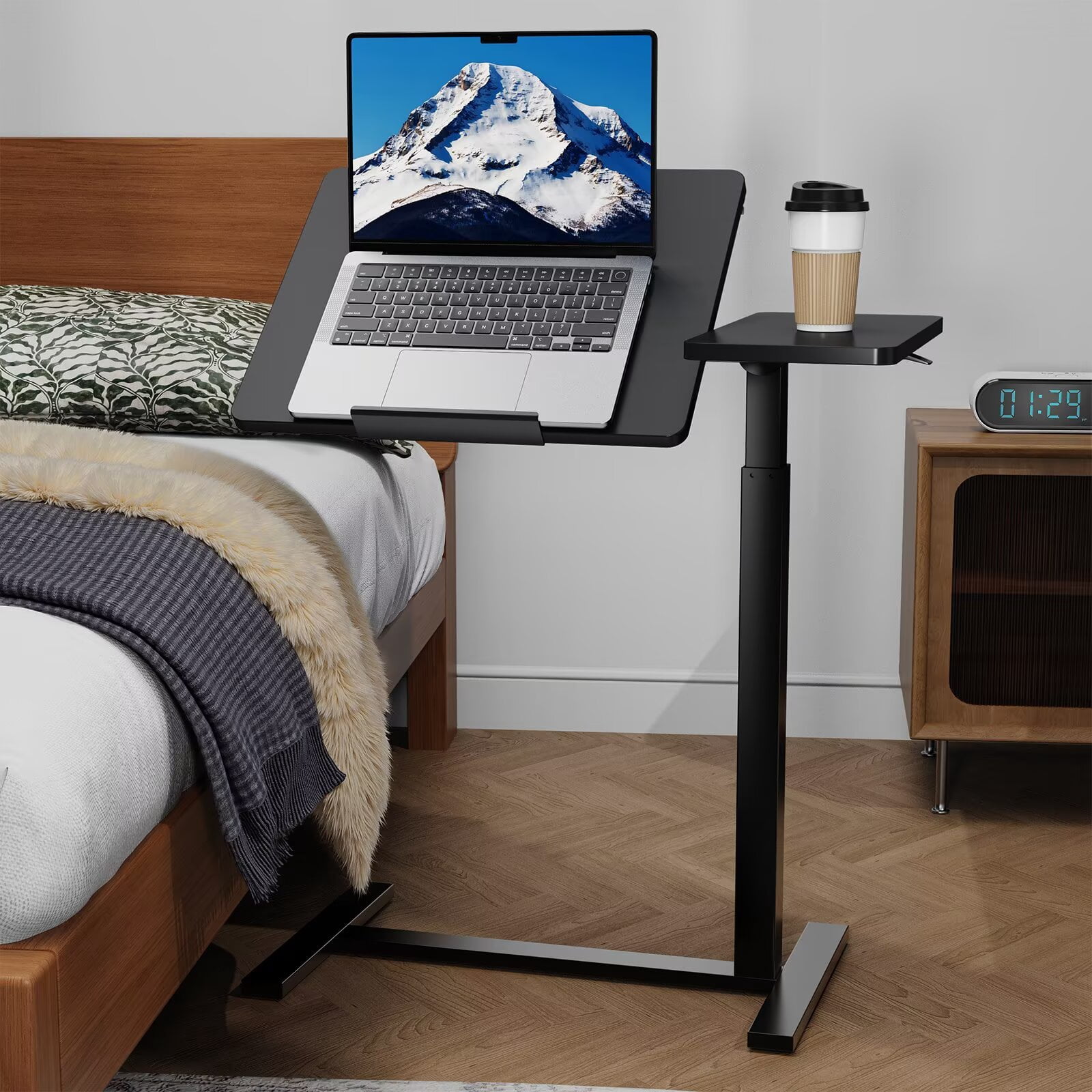 Simple Deluxe Standing Rolling Desk with Hidden Casters, Height Adjustable Pneumatic Mobile Laptop Desk, Tilting Bedside Table for Laptop, Overbed Bedside Table Hospital Home Use, Black