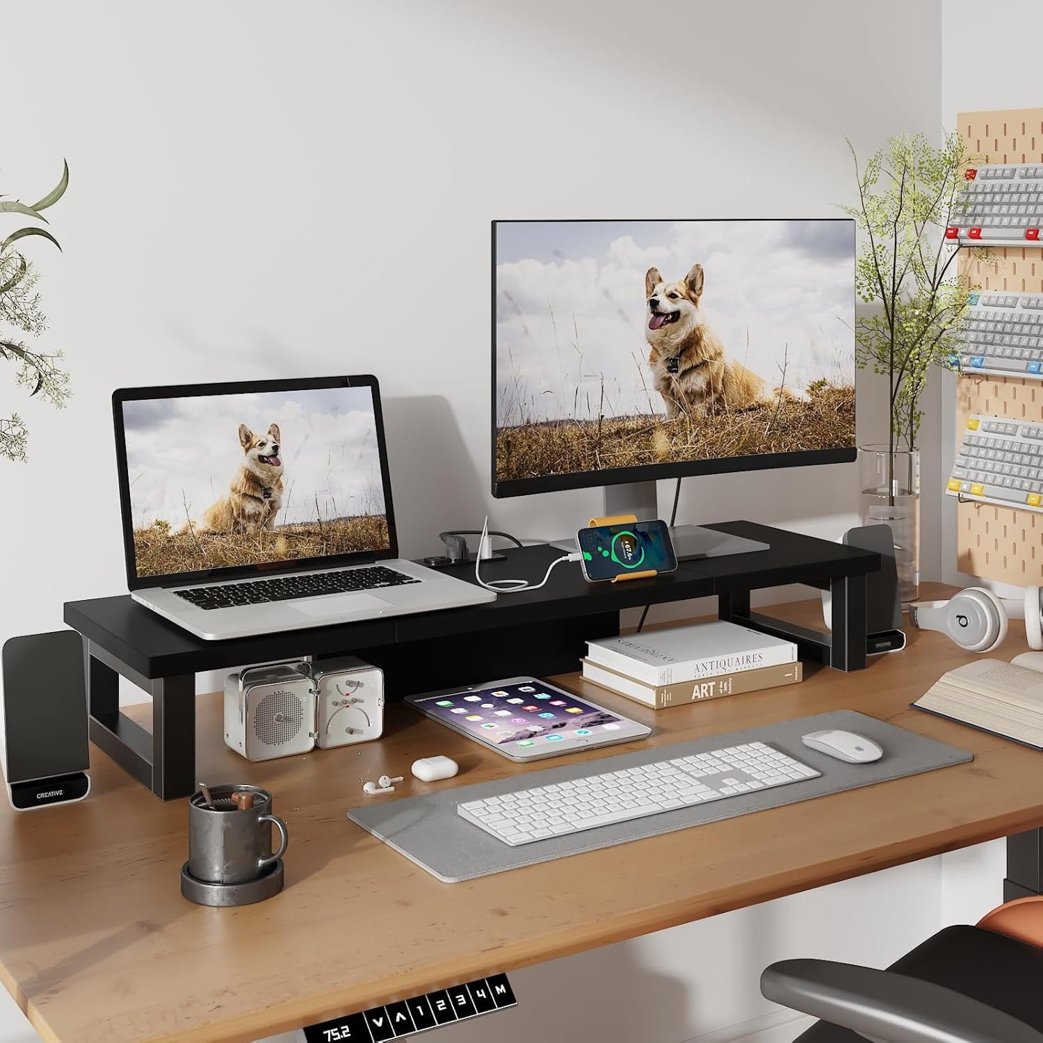 Dual Monitor Stand Riser with Power Outlet for 1-2 Monitors, Heavy Duty Desktop Organizer for Laptop Printer TV