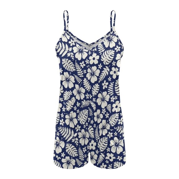 ZAITUBLES Womens Rompers Summer Casual Loose Sleeveless Outfit Adjustable Spaghetti Strap Shorts Jumpsuit, Lightweight with Front Pockets, Hibiscus Leaf Blue Print, Size S