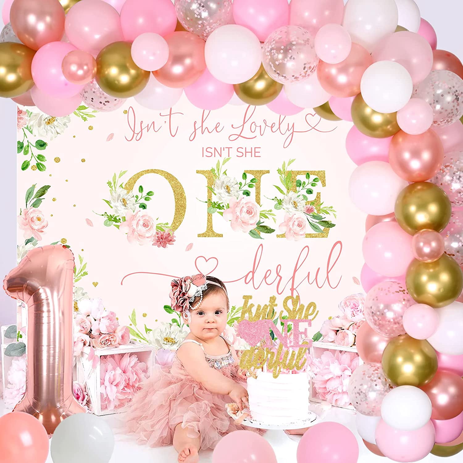 Baby Girl 1st Floral Birthday Decorations, Isn't She Lovely Isn't She Onederful Boho Floral Backdrop Pink, Rose Balloon Garland Arch One Highchair Banner for Baby Girls 1st Birthday Party