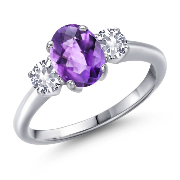 Gem Stone King 1.70 Ct Oval Checkerboard Purple Amethyst White Created Sapphire 925 Sterling Silver Ring