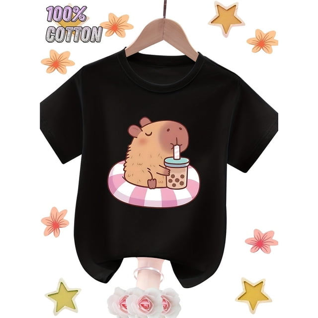 Youngsters' 100% Cotton T-Shirt with Cute Capybara Design, Breathable & Comfortable for Casual Wear, Round Neck Short Sleeve, Machine Washable, Youngsters T Shirts