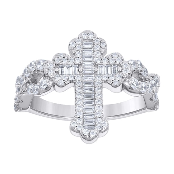 925 Sterling Silver Mens Baguette Round Cubic-Zirconia Cross Religious Ring S9
