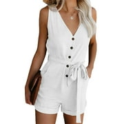 Niuer Summer Sleeveless Jumpsuit Romper for Ladies Women Casual Loose Tie Waist Short Playsuit with Pockets