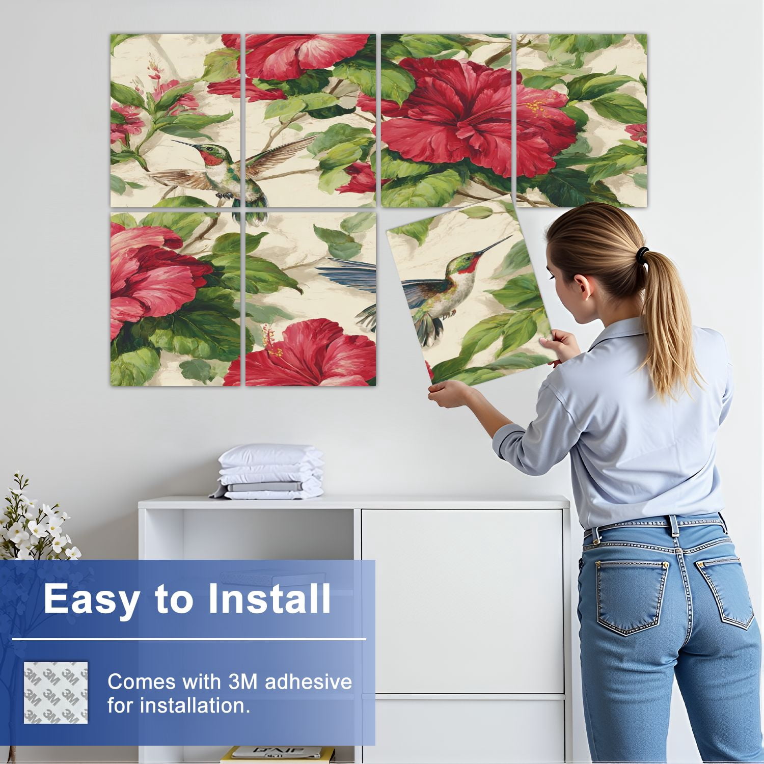 8 Pack Art Acoustic Panels Sound Absorbing Hummingbirds Red Hibiscus Floral Decorative Soundproof Wall Panels Self Adhesive for Nursery Game Room Bedroom 48"x32"