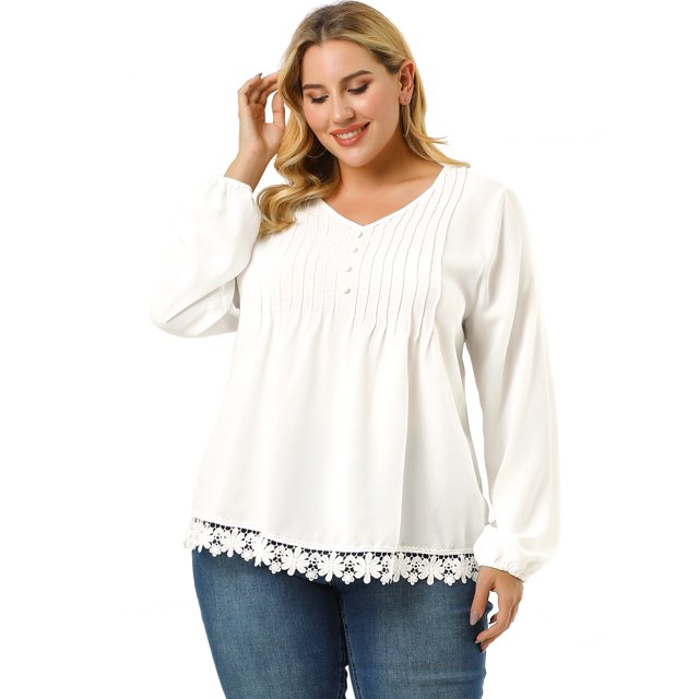BluCasual Cuello Pico Plisado Color Sólido Top De Encaje TalGrande PaMujer Blanco XXL